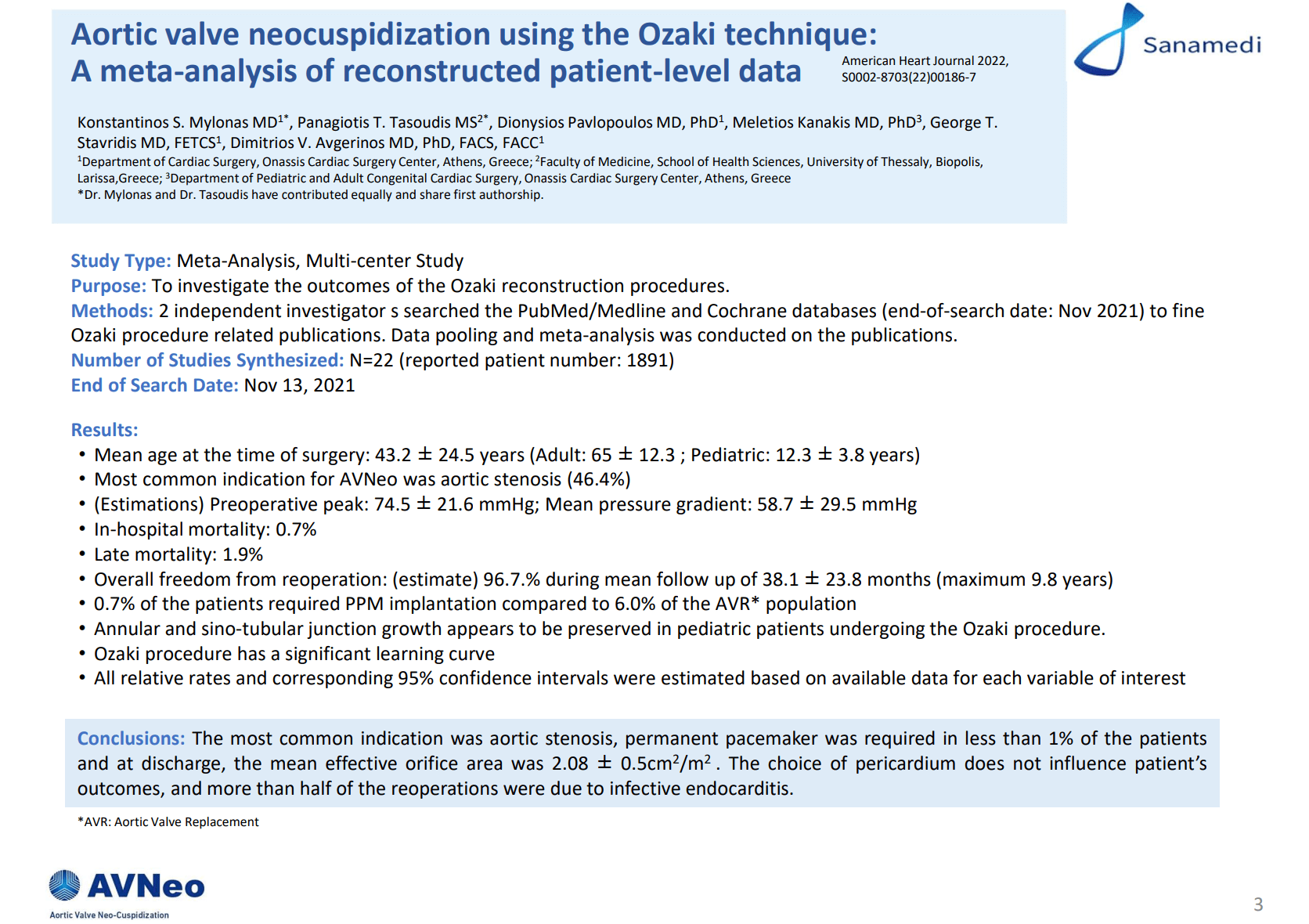 Summary of publication about aortic valve replacement using the Ozaki technique.